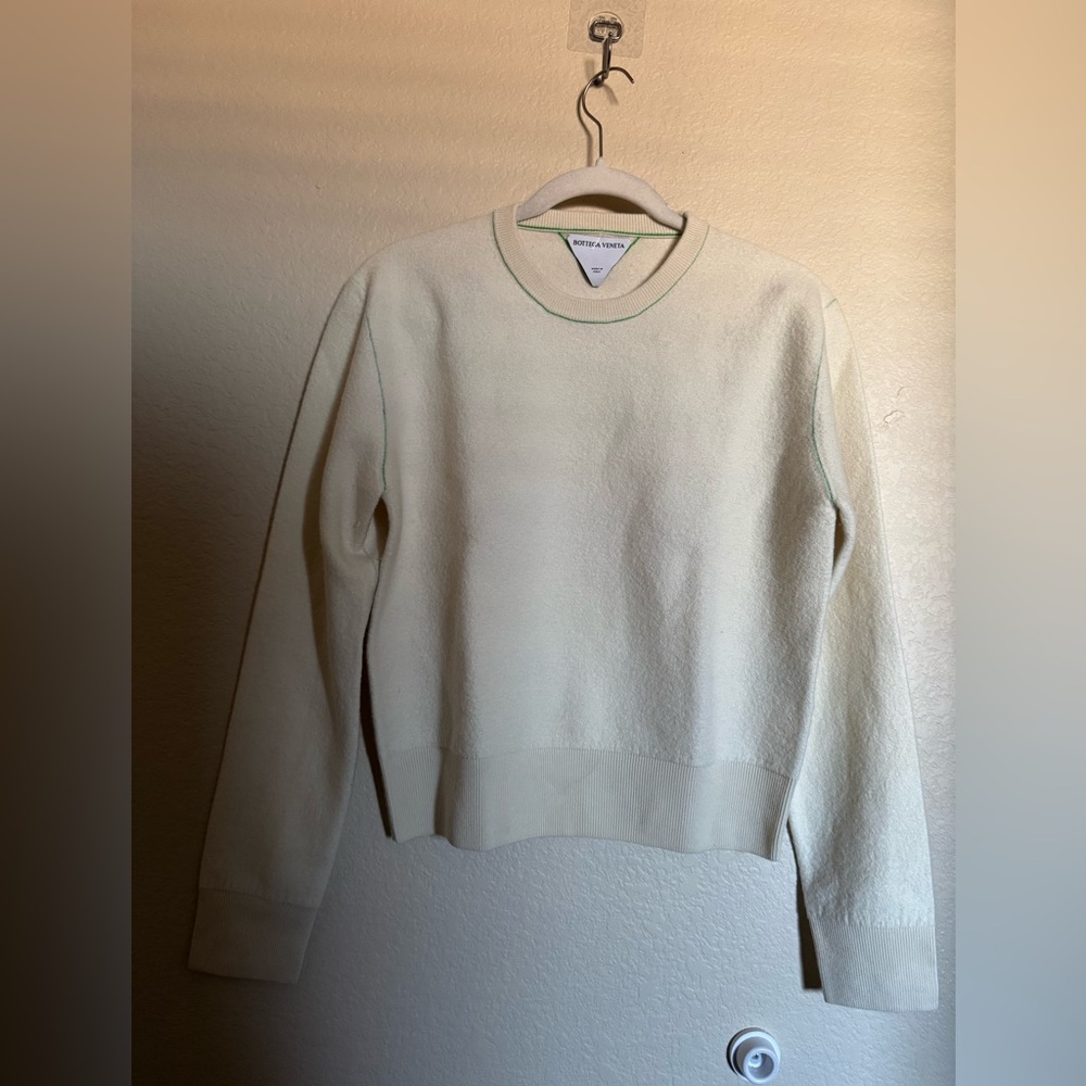 Bottega Veneta‎ Crewneck Wool Knit Sweater Sz L Cream Green Contrast Stitch 2021